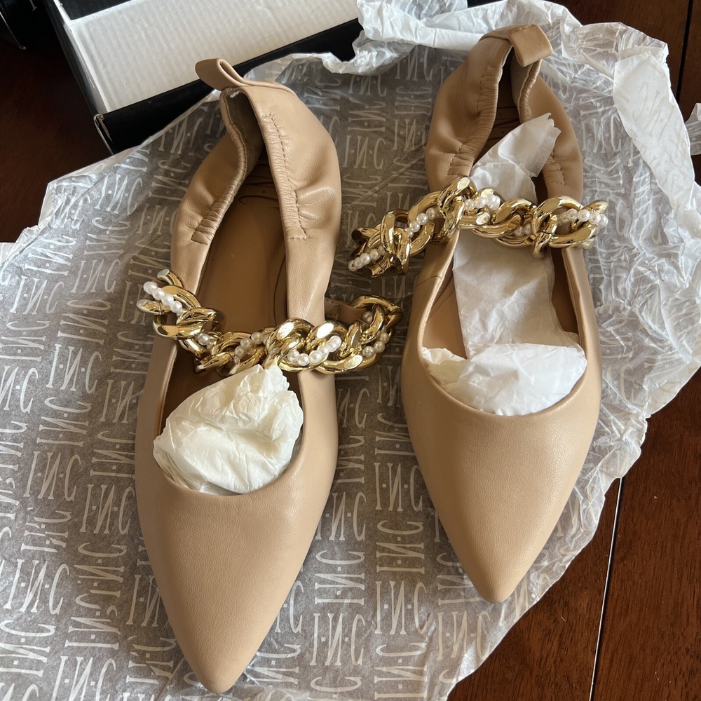 INC Womens Anya Tan Chain Slip On Ballet Flats Shoes 7.5 Gold Pearls NIB